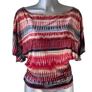 Y2K Blouse Blouson Shibori Contrast Stripes Boat Neck Office/Career Business M